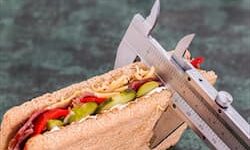 A vernier caliper precisely measures the thickness of a sandwich, humorously applying the wisdom of the crowd to culinary presentation on a green surface.