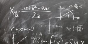 A chalkboard filled with mathematical equations and graphs, representing a complex math problem-solving session or an optimal productivity teaching moment in a classroom, including the quadratic formula, a parabola, and trigon